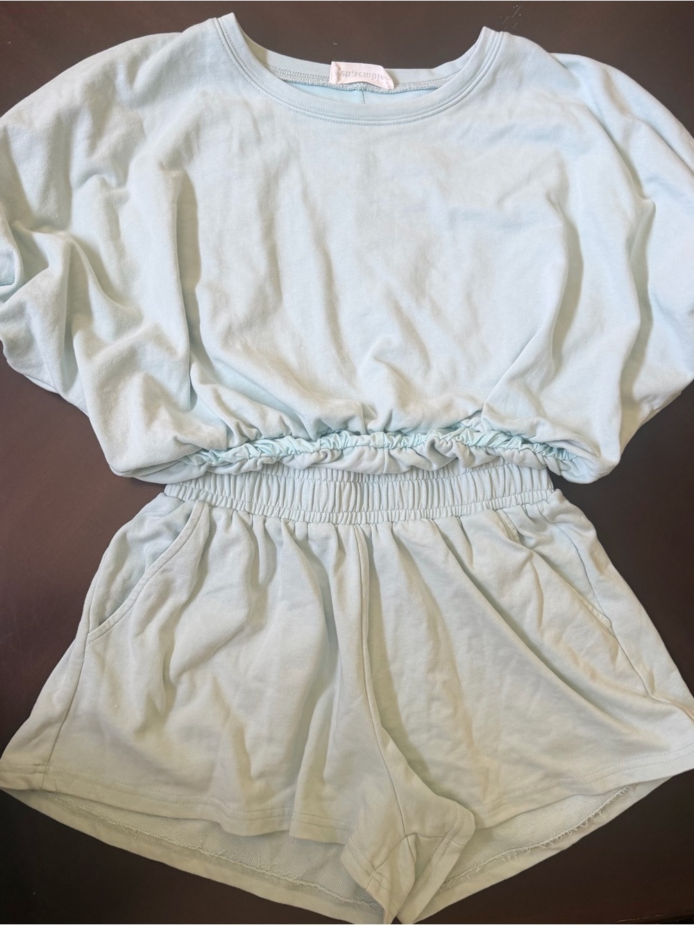 Women's Light Blue Top & Elastic Waist Shorts Set